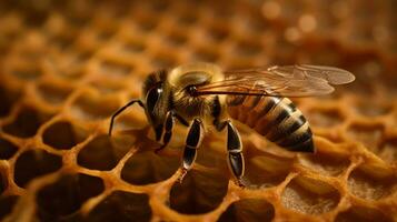 Nektarsuchend Biene auf Bienenwabe mit Kopieren Raum ai generiert foto
