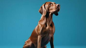 Regal vizsla Hund posieren auf beschwingt Blau Hintergrund. ai generiert foto