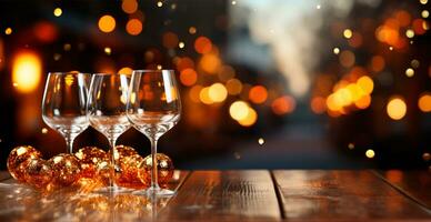 Brille von Champagner oder funkelnd Wein im ein festlich Atmosphäre. fröhlich Weihnachten und glücklich Neu Jahr - - ai generiert Bild foto