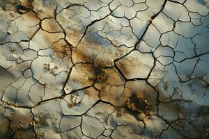 Naturen Alarm geknackt, getrocknet Boden im Wüste spricht von Klima Änderungen Schwere ai generiert foto