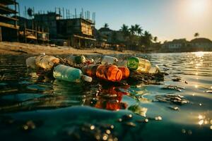 Plastik Reste streuen Strand, unterstreichen Umwelt Schaden verursacht durch Strand Verschmutzung ai generiert foto