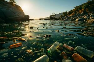 Umwelt Degradierung Ozean bedrängt durch Plastik Flasche Verschmutzung, betonen ökologisch Einschlag ai generiert foto