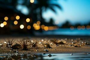 Insel Gelassenheit Sand, Palme, Bokeh Hintergrund porträtieren Ferien Konzept, Angebot Kopieren Raum ai generiert foto