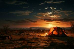 sandig Einsamkeit Camping allein im unfruchtbar Wüste, weit von Zivilisationen Geschäftigkeit ai generiert foto