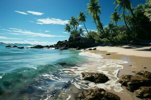 schwankend Küsten Palme Bäume Punkt sandig Strand, Angebot Schatten und Küsten Charme ai generiert foto