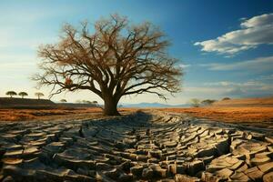 trocken Boden Wiegen Baum, illustrieren Klima Änderungen Wasser Krise Auswirkungen inmitten global Erwärmen ai generiert foto