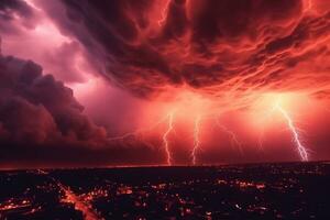 apokalyptisch Szene rot stürmisch Himmel durchbohrt durch blendend Blitz. ai generiert foto