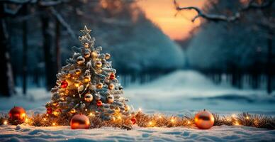 Neu Jahr Urlaub Konzept. groß Weihnachten Baum dekoriert mit Bälle und Girlande - - ai generiert Bild foto