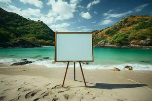 leer Plakatwand auf das Strand mit Meer im das Hintergrund ai generiert foto