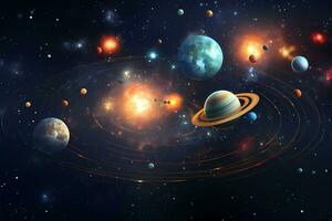ein Poster zum das Universum mit Planeten und Sterne. astronomisch Galaxis Raum foto