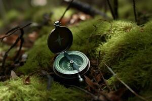 Kompass Wald Urwald Tourismus. generieren ai foto