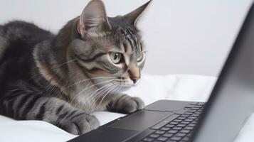 Nahansicht von ein Katze und ein Laptop auf ein Weiß Hintergrund. Kopieren Raum. ai generiert foto