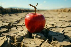 trocken Landschaft Apfel auf geknackt Boden zeigt Essen Unsicherheit, Wasser Mangel, landwirtschaftlich Krise ai generiert foto