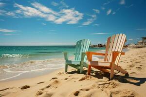 Küsten Rückzug Strand Stühle auf Weiß Sand, umarmt durch Blau Himmel und Sonne ai generiert foto