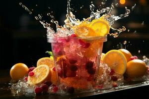 Plastik Tasse Wunder, gefroren Obst Matsch, Sprengung Farbtöne Ausruhen im jeder Schluck ai generiert foto