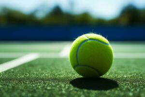 spielerisch Spiel entfaltet sich auf ein Grün Tennis Gericht mit ein Ball ai generiert foto