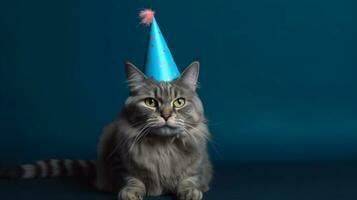 Partytauglich Katze, Geburtstag Hut und Blau Hintergrund ai generiert foto