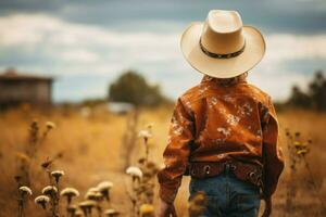 furchtlos zurück Aussicht Cowboy Junge. generieren ai foto