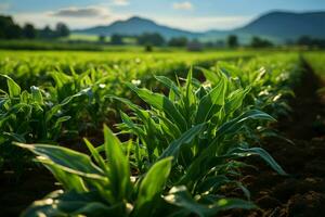 Privat Bauernhöfe Mais Reihen, beschwingt Grün Sprossen Decke das fruchtbar Feld ai generiert foto