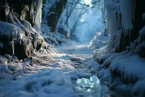 gefroren Abenteuer Hang Klettern Blätter Mensch Fußabdrücke geätzt im schneebedeckt Pfad ai generiert foto