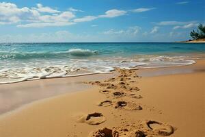 Küste Abdrücke, Fußabdrücke auf Strand Sand erzählen Erzählungen von Ozean Rendezvous ai generiert foto