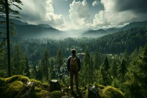 zurück Aussicht von sitzend Mann auf Achtung, absorbierend Panorama- Wald Landschaft ai generiert foto