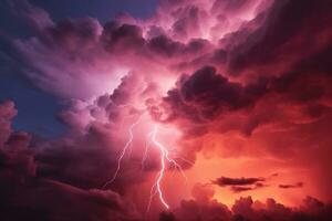 bedrohlich rot Himmel beleuchtet durch heftig Blitz Streiks. ai generiert foto