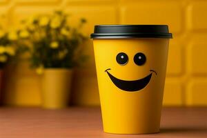 bezaubernd Kaffee Tasse Persona auf Gelb Hintergrund, Sport ein Grinsen Kopieren freundlich Atmosphäre ai generiert foto