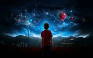 Kind Junge Stehen mit kosmisch Hintergrund foto