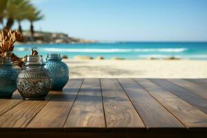 direkt am Strand Präsentation Holz Deck gegen verwischen Strand, Ideal zum präsentieren Ihre Produkte ai generiert foto