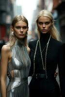 androgyn futuristisch Modelle zur Schau stellen metallisch minimalistisch Mode kontrastiert gegen einfarbig städtisch Kulissen foto