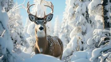 Hirsch Nahrungssuche im ein schneebedeckt Wildnis abbilden Tierwelt Kampf im extrem kalt foto