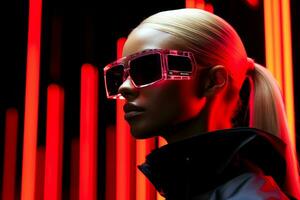 Cyber Mode Modelle Don glatt futuristisch Silhouetten gegen Stark Neon- Landschaften foto