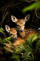 ein heiter Erfassung von ein schlummernd Kitz eingebettet neben es ist wachsam Damhirschkuh inmitten das zauberhaft Umarmung von das Wald foto