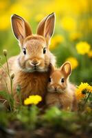 bezaubernd Baby Kaninchen kuschelte oben zu ihr Mutter im ein üppig Grün Feld porträtieren Wärme und Liebe foto