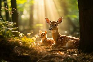 ein friedlich Szene im das Wald wie ein schlummernd Kitz und Damhirschkuh Teilen ein zärtlich Moment inmitten gesprenkelt Sonnenlicht foto