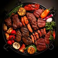 gegrillt Fleisch mit ein Vielfalt von Fleisch auf ein Teller perfekt Vorspeise generiert durch ai foto