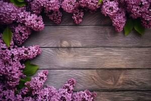 Frühling lila Pracht präsentiert mit lila Blumen auf hölzern Planke. ai generiert foto