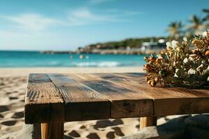 Küsten Produkt Hintergrund verschwommen Strand ergänzt Holz Decks vielseitig Anzeige Potenzial ai generiert foto