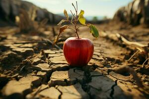 trocken Umgebung Apfel auf geknackt Boden zeigt Hunger, Wasser Knappheit, und Landwirtschaft Herausforderungen ai generiert foto