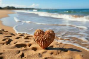 Strand Liebe Herz geätzt auf Strand Sand mit Hintergrund von rollen Wellen ai generiert foto