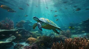 atemberaubend unter Wasser Landschaft von bunt Fisch und Schildkröten ai generiert foto