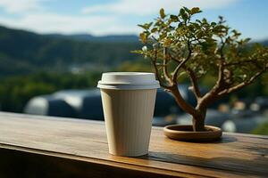 der Natur Tafel, Papier Tasse von Kaffee inmitten ein draussen Landschaft glückselig Einfachheit ai generiert foto