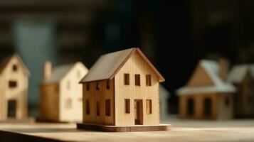 Haus Modell- auf Holz Tisch. echt Nachlass Agent Angebot Haus, Eigentum Versicherung ai generiert foto