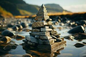 maritim Monument Meer Küste Steine bilden ein Pyramide, widerhallend uralt Traditionen durch Wellen ai generiert foto