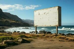 Küsten Segeltuch unbesetzt Plakatwand einstellen gegen Ozean Panorama auf sandig Strand ai generiert foto