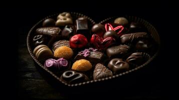 unwiderstehlich Schokolade Liebe, lecker Süßigkeiten eingebettet im ein herzförmig Box auf schwarz. ai generiert foto