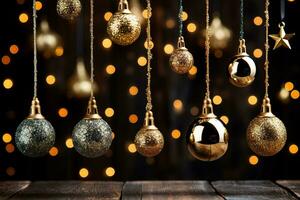 ein Sammlung von golden Glocke Ornamente hängend auf ein glitzernd Gradient Hintergrund ausstrahlen Eleganz und festlich jubeln foto
