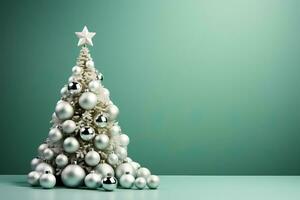 ein minimalistisch Weihnachten Baum niedrig Linderung mit Silber Ornamente leuchtenden gegen ein beruhigend Minze Grün Gradient Hintergrund foto