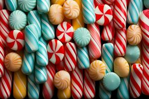 ein Nahansicht von bunt Süßigkeiten Stöcke vereinbart worden im ein niedrig Linderung Muster gegen Pfefferminze gestreift Hintergründe foto